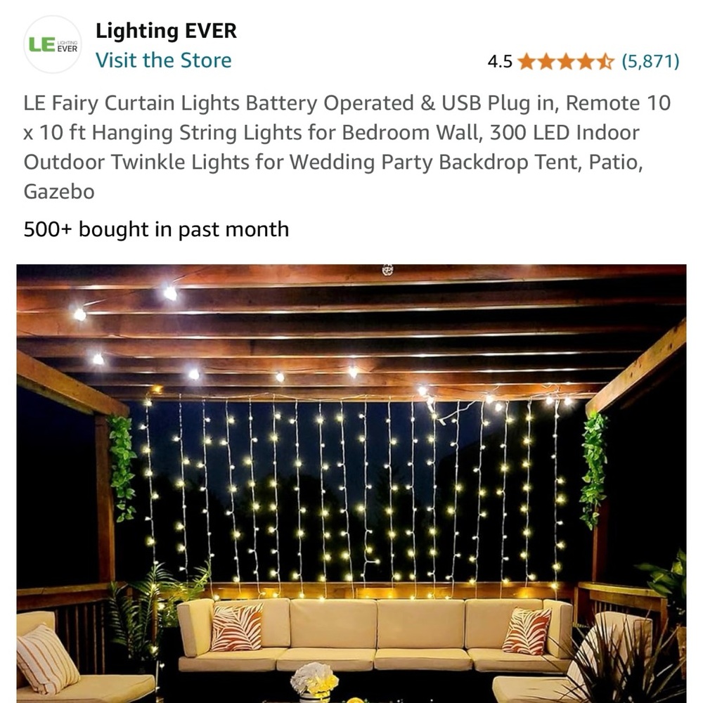 New in Box. LE Fairy Curtain Lights Battery Operated & USB Plug in, Remote
